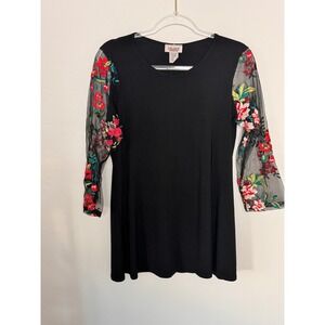 Vejaiz Designs Womens Black Floral Embroidered Mesh Sleeve Top Blouse Small USA